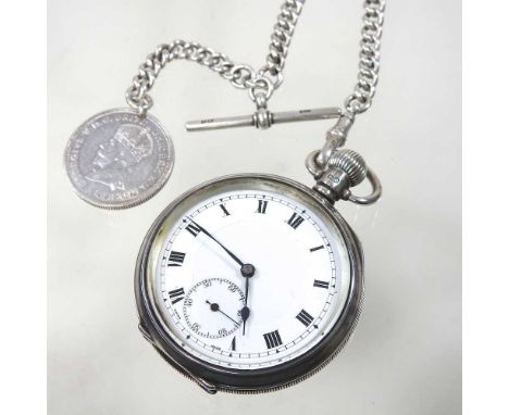 An early 20th century silver cased open faced pocket watch, with a painted dial, Birmingham 1927, on a silver watch chain, 31