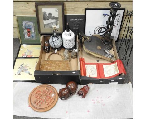 A wooden candlestick, together with two table lamps, solitaire, pictures and ornaments