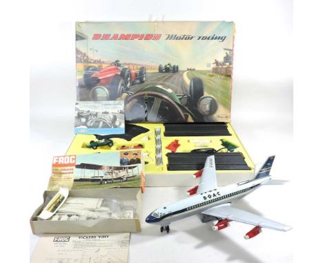 A Playcraft Champion motor racing set, together with a Marx scale model of a BOAC plane and a Frog Vickers Vimy scale model k