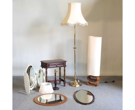 A collection of items, to include a brass standard lamp, 80cm high, mirrors and a table lamp and shade