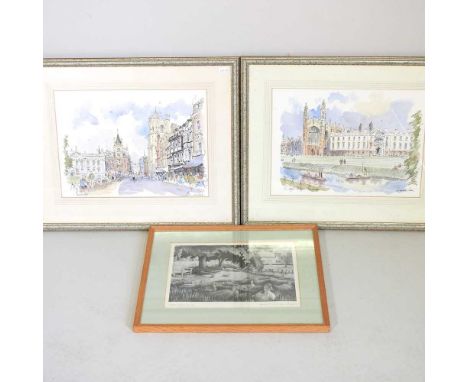 Derek Abel, 1925-2008, Cambridge townscape, ink and watercolour, 28 x 38cm, together with another by the same hand, and David
