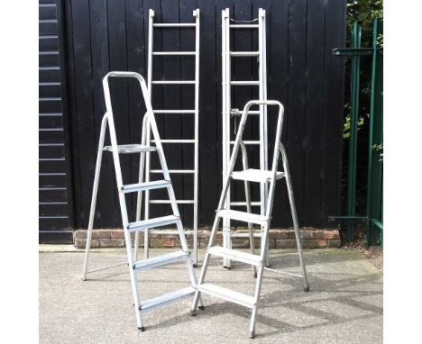 An aluminium ladder, in three sections, 6m long overall, together with two step ladders (3)