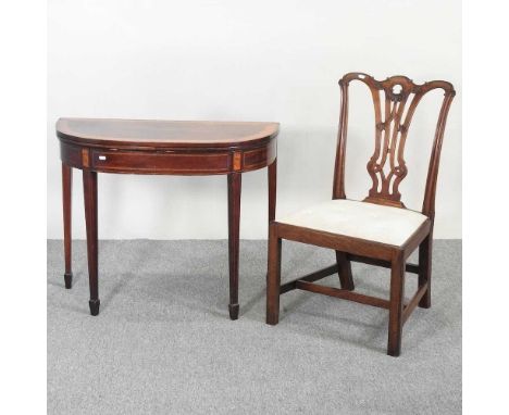 A George III satinwood inlaid folding card table, 89cm wide, together with a Chippendale style side chair (2)The table is com