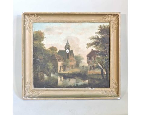 English school, 19th century, landscape with a mill, oil on canvas, inset with a clock, with an enamel dial, striking on a go