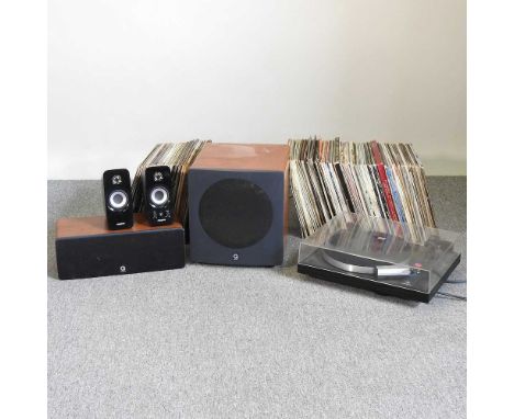 A Linn Basik record player, together with a Q Acoustics sub woofer, speaker and records, to include 1970's rock and classical