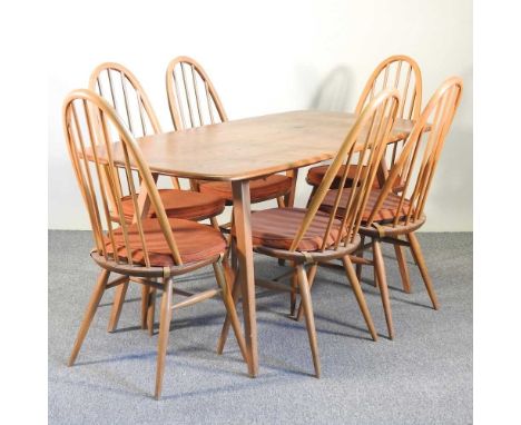 An Ercol light elm dining table, together with a set of six dining chairs (7)152w x 76d x 71hcmOverall solid and usable. Was 