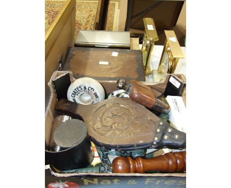 A London Clock Co. brass quartz clock, a leather covered hip flask with plated mounts and other items.