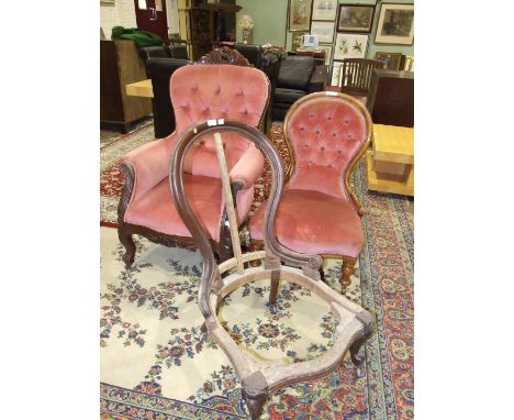 A Late-Victorian button-back salon chair, a low salon chair and a salon chair frame, (3).