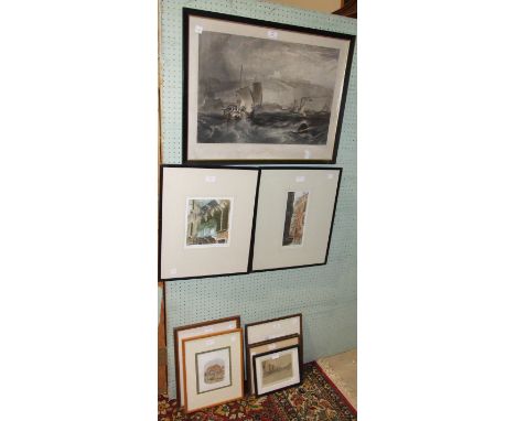 After J M W Turner, 'Dover', a coloured engraving, 51 x 66cm, (foxing) and eight other prints and engravings, (9).