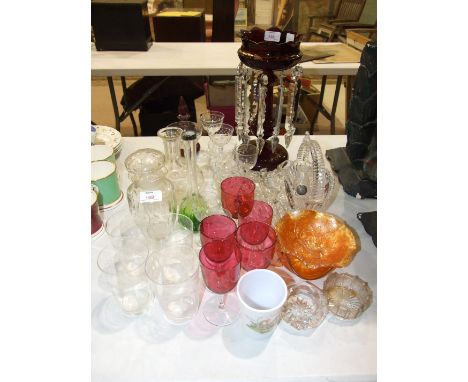 A gilt decorated ruby glass lustre drop vase, 32cm high, five cranberry glass wines, other wine glasses and glassware.