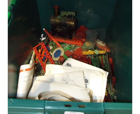 A quantity of Meccano, c1960's, with instruction booklets and a small Mamod stationary steam engine, (a/f).
