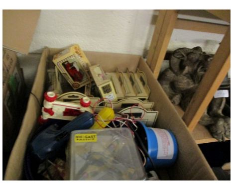 BOX CONTAINING DAYS GONE BY VEHICLES, SCALEXTRIC POWER PACK AND CONTROLLERS ETC 