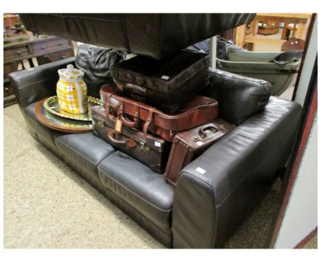 CHOCOLATE LEATHER THREE SEATER SOFA AND MATCHING TWO SEATER (2) 