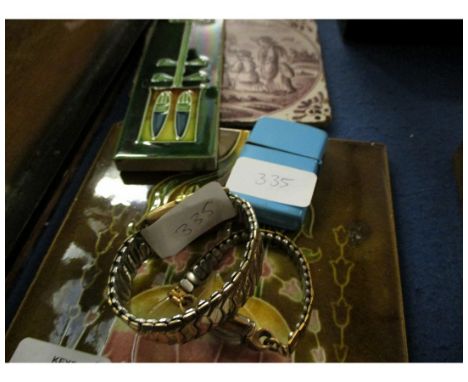 18TH CENTURY DELFT TILE, TWO MODERN LADIES WATCHES, A LIGHTER AND TWO FURTHER TILES 
