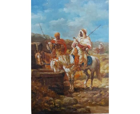 A copy of Adolf Schreyer's 'Horsemen at a Well', oil on panel, framed, (18x13 cm).