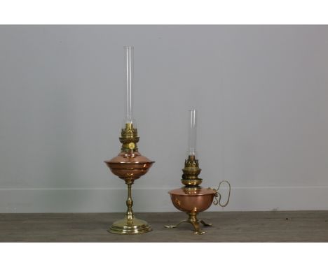 A COPPER AND BRASS CHAMBER STYLE OIL LAMP in the manner of W. A. S. Benson, the squat copper reservoir with brass loop handle
