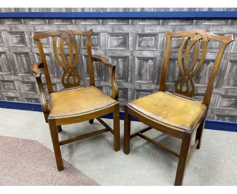 SET OF EIGHT MAHOGANY RIBBON BACK DINING CHAIRS, of Chippendale design, the serpentine top rail with upholstered drop-in seat