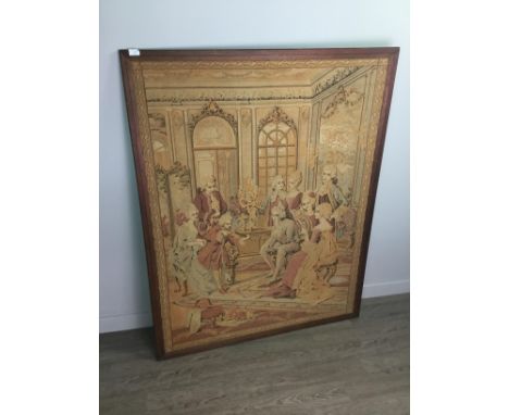 BELGIAN VERDURE TYPE TAPESTRY WALL HANGING, depicting a Rococo interior scene of a child playing the violin, in an oak frame,