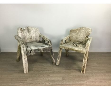 SET OF WEATHERED RUSTIC GARDEN FURNITURE, including driftwood type table and six (solid) elbow chairs (7)