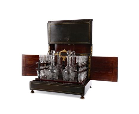 LATE 19TH CENTURY FRENCH LACQUERED ‘COFFRE A LIQUEUR’, the hinged and folding cover enclosing a removable tray with giltmetal