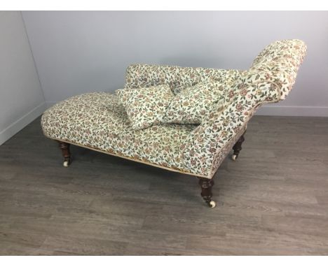 VICTORIAN SCROLL END BUTTON BACK CHAISE LONGUE, upholstered in floral brocade, on turned tapering legs, 170cm long, 82cm high