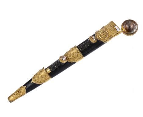 LATE 19TH CENTURY SCOTTISH DIRK SHEATH, leather with ensuite knife and fork, mounted in gilt metal with bugle and 71 below a 