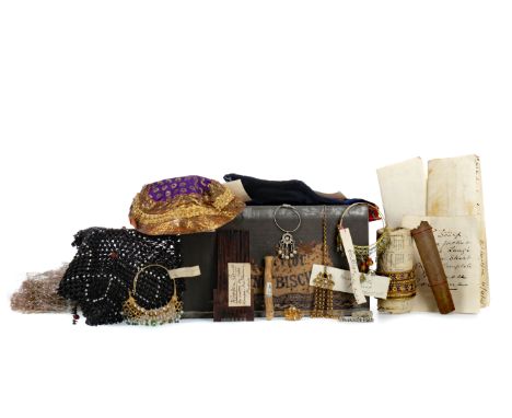 COLLECTION OF LATE 19TH CENTURY INDIAN ARTEFACTS, comprising a purse, a muslin, assorted costume jewellery, two combs, prayer