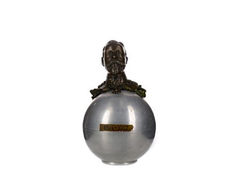 PAIR OF WWI ALUMINIUM CADDIES, each spherical caddy mounted with plaque inscribed '1914-1917, the first with a bust of Tsar N