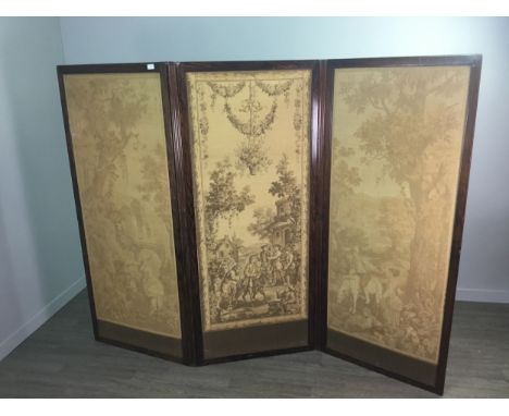 VICTORIAN THREE PANEL DRESSING SCREEN, in a simulated rosewood frame inset machined tapestry panels of 18th Century genre sce