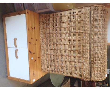 Pine topped blanket box, large wicker laundry hamper and two matching cupboards
