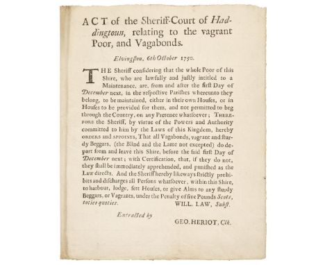 Broadside - Vagabonds. Act of the Sheriff-Court of Haddingtoun, relating to the Vagrant Poor, and Vagabonds, Elvingston, 6th 