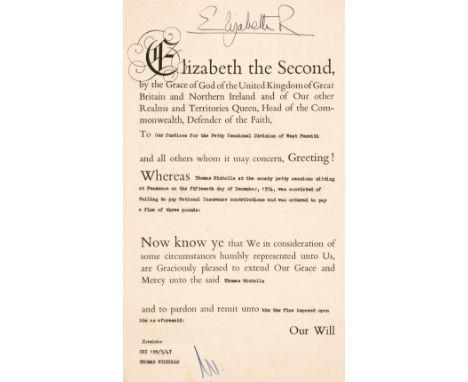 * Elizabeth II (1926-2022). Queen of Great Britain, 1952-2022. Document Signed, St James's, 26 August 1955, a pre-printed par