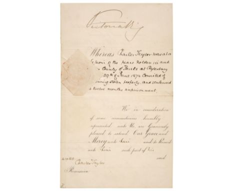 * Victoria (1819-1901). Queen of Great Britain & Ireland, 1837-1901. Document Signed, 'Victoria RI', St James's, 21 May 1875,