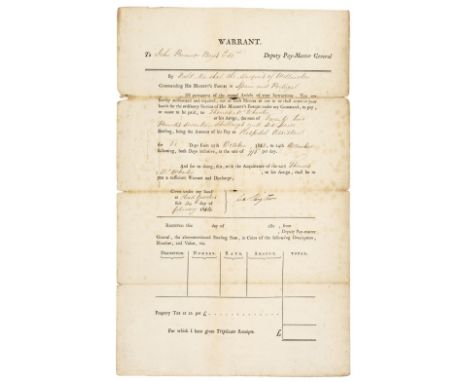 * Wellesley (Arthur, 1769-1852). 1st Duke of Wellington, Prime Minister, 1828-30, 1834. Document Signed, ‘Wellington’, as Com