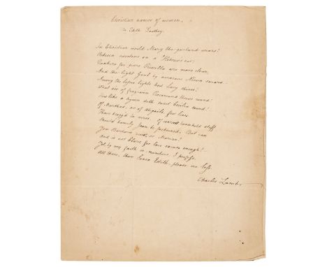 * Lamb (Charles, 1775-1834). English essayist, poet and antiquarian. Autograph Manuscript Poem Signed, 'Charles Lamb', c. 183