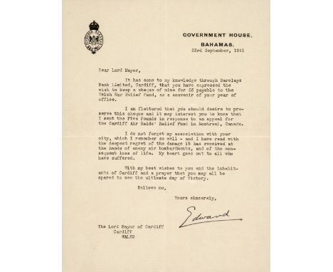 * Edward VIII (1894-1972). King of the United Kingdom, January to December 1936. Typed Letter Signed as Duke of Windsor, 'Edw
