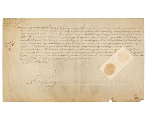 * Louis Henri Joseph de Bourbon (1756-1830). Prince of Condè from 1818 to his death. Document Signed, 'Louis debourbon', Chan