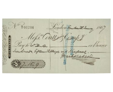 * Dickens (Charles, 1812-1870). Cheque signed 'Charles Dickens', London, 14 January 1867, drawn on Messrs.Coutts &amp; Co pri