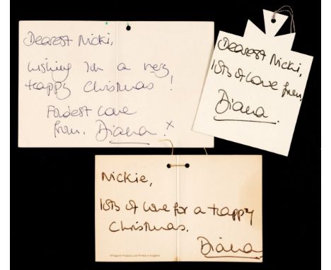 * Diana (1961-1997). Princess of Wales, 1981-1996. A group of 3 small folded card gift tags with signed inscriptions from Dia