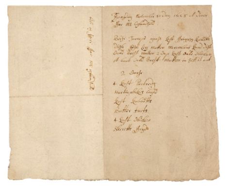 * Manuscript Menu.‘Tuesday November 10 day 1663 A diner For Mr Glandfild’,written in brown ink with a 4-line paragraph beneat