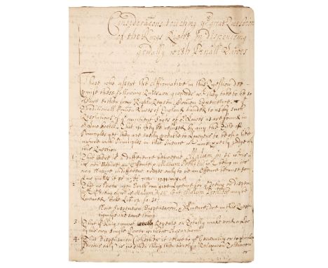 [Langhorne, Richard, 1654-1679]. Considerations touching ye great Question of the Kings Right in dispenseing gen[er]ally with