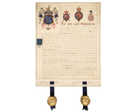 * Grant of Arms. Manuscript Grant of Arms for John Robinson Kay of Bass Lane House, in the Parish of Bury, in the County Pala