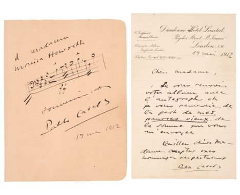 * Casals (Pablo, 1876-1973). Catalan and Puerto Rican cellist. An early Autograph Music Quotation Signed, 17 May 1912, on an 