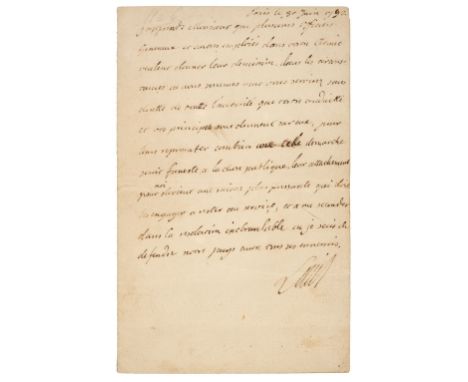 * Louis XVI (King of France, 1754-1793). Manuscript letter, signed by Louis XVI, dated Paris, le 30 Juin 1792, handwritten in