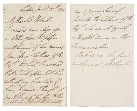 * Wellesley (Arthur, 1769-1852). 1st Duke of Wellington, Prime Minister, 1828-30, 1834. Autograph Letter Signed, ‘Wellington’