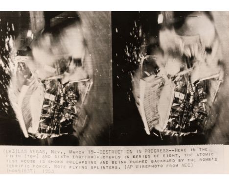 * Nevada Atomic Test Sequence. A group of 4 press print photographs of the explosion and devastation of a test house in Las V