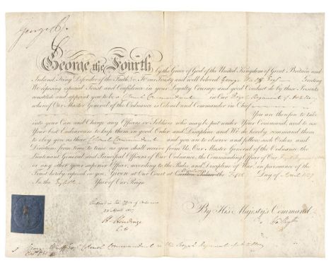 * George IV (1762-1830). King of Great Britain, 1820-30. Document Signed by King George IV, ‘George R’, and countersigned by 