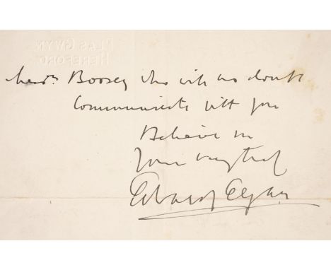 * Elgar (Edward, 1857-1934). English composer. Autograph Letter Signed, 'Edward Elgar', Plas Gwyn, Hereford, 13 July 1904, to