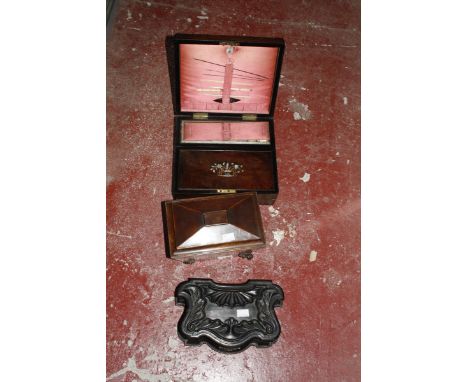 A Regency mahogany tea caddy, a George IV writing slope, an oak box, and another box. £80-120