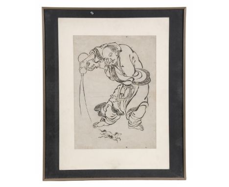 A Chinese black and white engraving of Zhang Guolao opening a double gourd shaped vessel from which emerges the magic horse, 